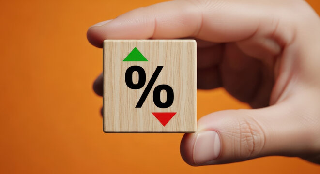 Person holding wooden block with black percentage sign accompanied by green up and red down arrows on vibrant orange background.