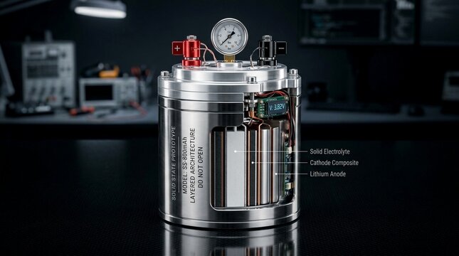 Detailed view of a next-generation solid-state battery showing the layered internal architecture for high safety.
