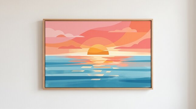 A framed painting of a serene sunset over a calm ocean with warm pink and orange hues reflecting on the water, displayed on a clean white interior wall mockup.