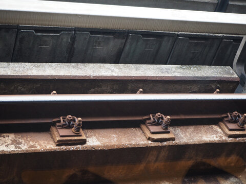 Close-up shot of weathered train tracks and their supporting structure, showing rust and wear. The image highlights the metallic components and texture of railway infrastructure