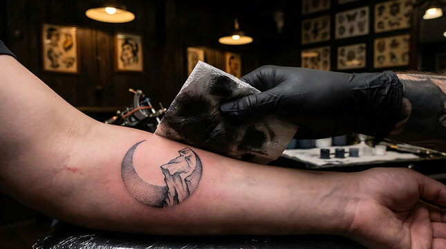 Professional tattoo artist wiping fresh wolf and moon ink on client arm