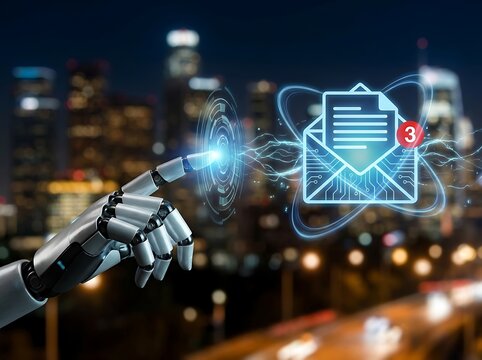 Robotic hand touching a glowing digital email notification with three unread messages against a blurred city night background