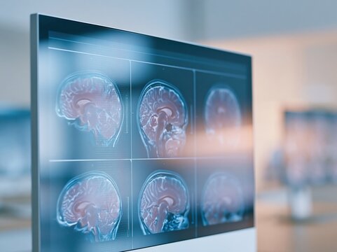 Medical display showing brain scan imagery with sharp diagnostic panes, featuring realistic screen glare and reflections for neurological imaging and MRI diagnosis