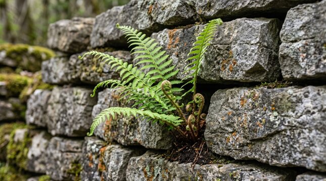 Vibrant green fern fronds and fiddleheads growing out of an old rustic dry stone wall, symbolizing resilience, nature reclaiming man-made structures, spring growth, and organic