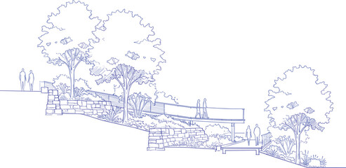 Fototapeta premium Landscape architecture elevation park section hand drawn blue line vector illustration, outdoor terrace, garden walkway