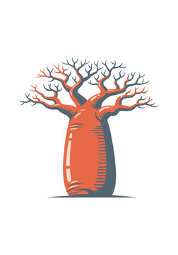 Baobab tree vector with orange trunk and blue branches
