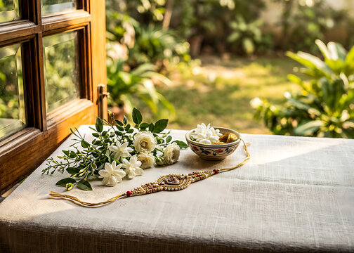 Elegant Kundan Rakhi on Linen Tablecloth by Sunny Open Wooden Window