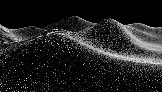Abstract landscape formed by tiny white particles on black background