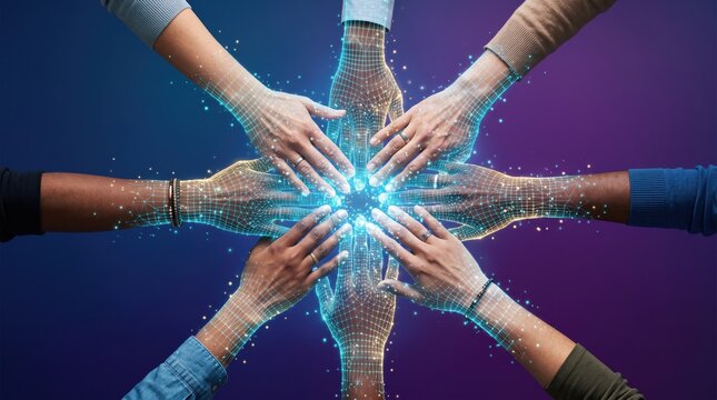 Diverse hands joining together in center with glowing blue digital network lines, symbolizing global teamwork, unity, connection, and future technology collaboration for business
