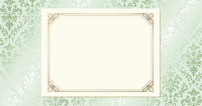Vintage luxury frame card template on green damask background with copy space
