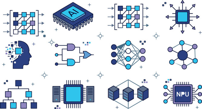 Artificial intelligence hardware and neural network icon set vector illustration featuring deep learning models logic gates central processors neural processing units servers and cybernetical brains