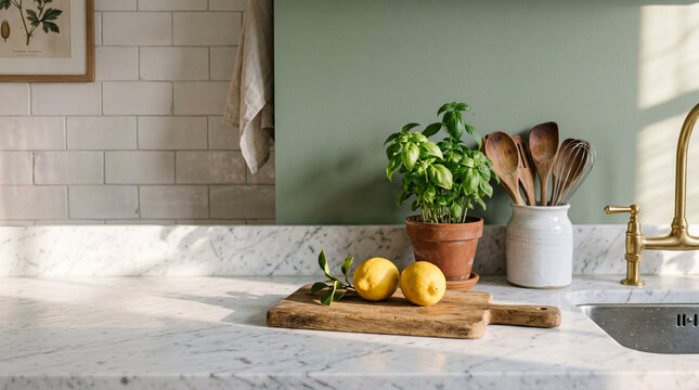 sunlit kitchen countertop with lemons basil plant and wooden utensils for home cooking and food blog content