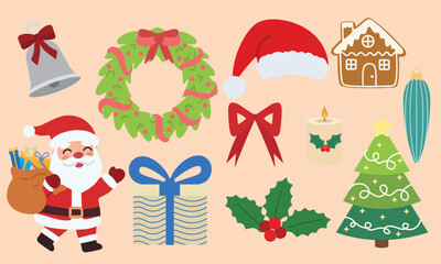 Fototapeta premium Christmas holiday decoration bundle vector illustration. Flat cartoon winter icons set with gift, wreath, bell, candle, gingerbread, and holiday character