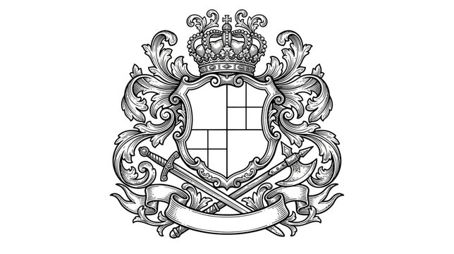 Ornate Heraldic Crest with Crown, Swords, and Banner