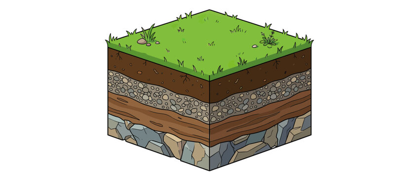 Isometric Cross-section of Earth Layers with Grass