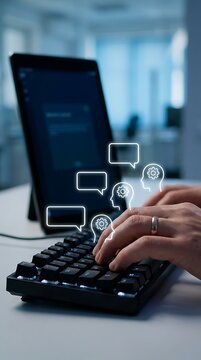 Person typing on a computer keyboard with a holographic interface showing speech bubbles and human head for brainstorming and ideas