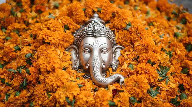 Silver idol of lord ganesha nestled in a bed of vibrant orange marigold flowers, symbolizing devotion and auspicious beginnings in hindu culture