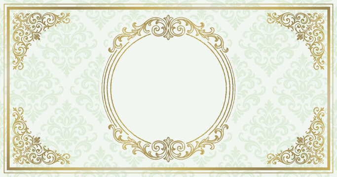 Vintage luxury frame card template on green damask background with copy space
