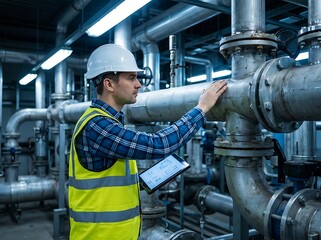 Naklejka premium Male engineer in a hard hat and yellow safety vest touching a large metal pipe in an industrial facility while holding a digital tablet device