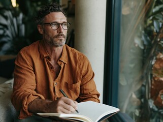 Fototapeta premium Mature man writing in a notebook by a window, wearing a textured orange linen shirt for wellbeing and reflective lifestyle campaigns