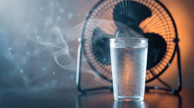 Cold glass of water with condensation droplets and cooling mist in front of an electric desk fan for summer refreshment and heat relief concept.