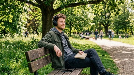 Fototapeta premium Man listening to music on bench reading in city park