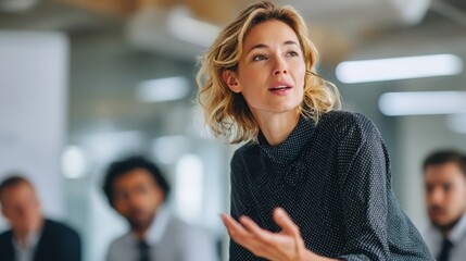 Fototapeta premium Professional blonde businesswoman discussing strategy during a corporate meeting with blurred colleagues in the office background