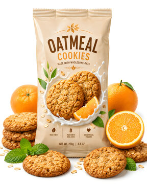 Oatmeal cookies packaging with fresh oranges, healthy oat biscuits snack bag, citrus flavored breakfast cookies on white background