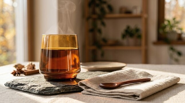 Autumn Food & Beverage Branding concept with a steaming glass of hot tea on a cozy table setting
