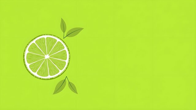 Bright lime slice with green leaves on a vibrant lime green background vector illustration or banner template