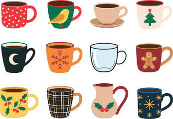 Obraz premium Winter coffee mugs vector set, cozy christmas tea cup icons, festive holiday drink elements isolated on white background