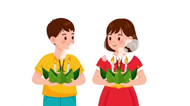 A young boy and girl in traditional thai clothing holding a krathong for the loy krathong festival