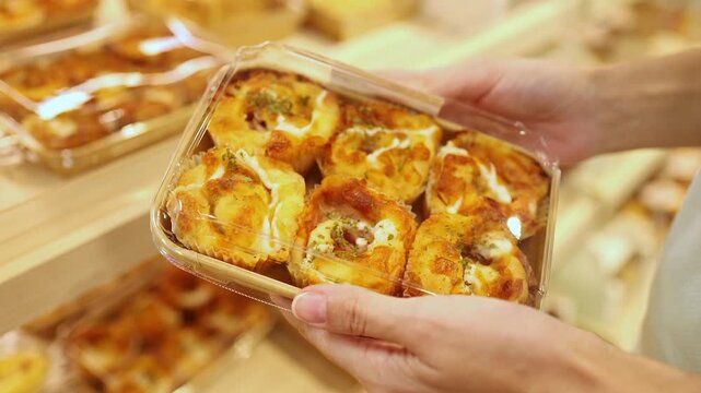 Close-up of woman hands holding and choosing a transparent plastic package of freshly baked savory pastries or mini pizzas from display shelves in a grocery store or supermarket. Retail shopping, food