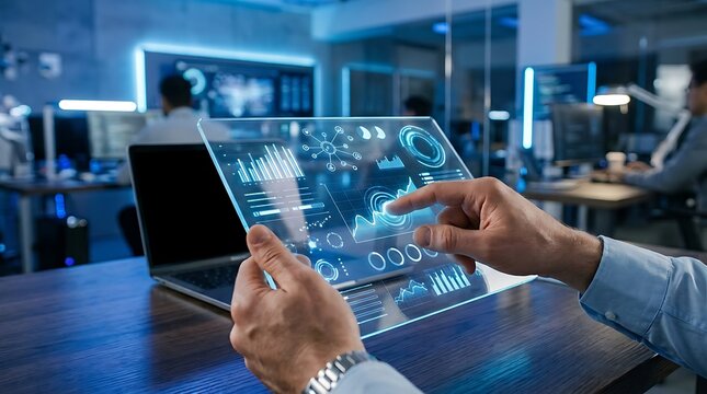 Professional using transparent touch screen displaying complex blue data analytics charts