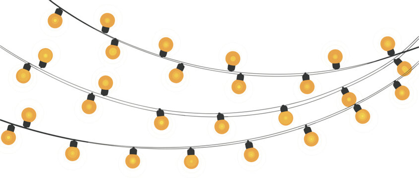 Hanging string lights vector illustration, warm glowing garland bulbs decoration isolated on white background