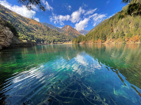 The breathtaking scenery of the crystal-clear turquoise lake with autumn colors at Jiuzhaigou National Park in Sichuan Province, China