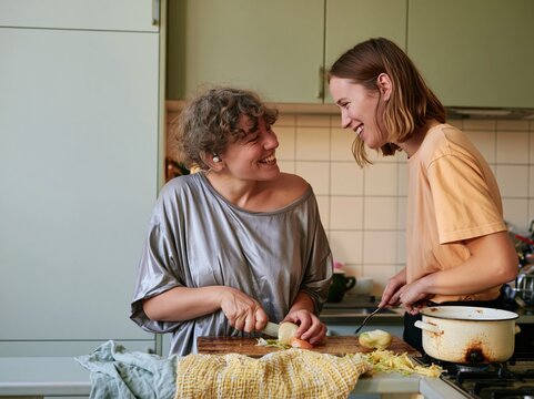Young adult with a hearing aid chopping vegetables in a cozy home kitchen, naturally chatting with a flatmate for healthy plant based living content, with copy space