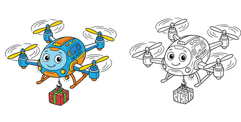 Naklejka premium Cute Cartoon Delivery Drone Carrying Gift Box with Coloring Page Version Illustration