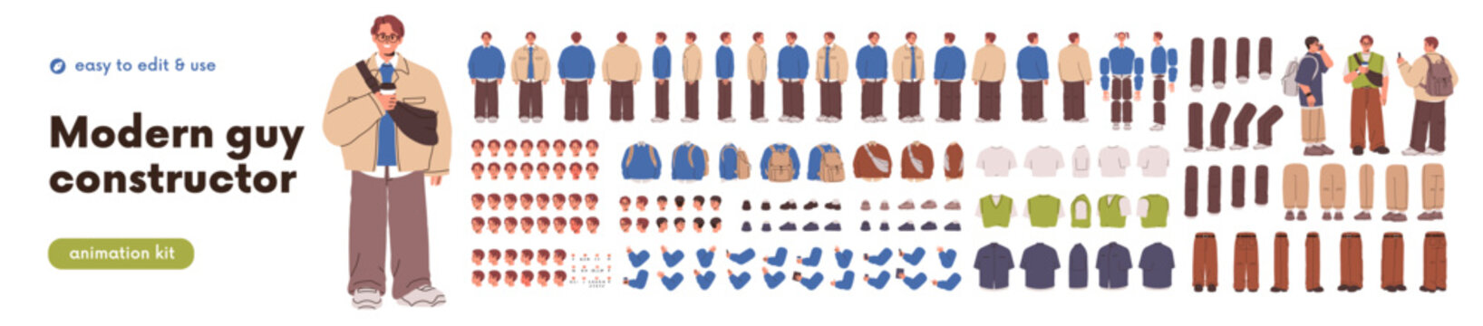 Male person set, man vector constructor kit. Man body poses for front, side, back design. Male body consructor, young character kit. Persons face expressions, legs and arms. Human animation collection