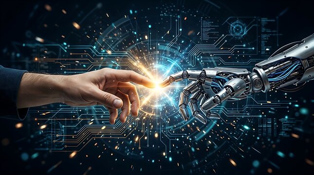 Human hand touching robotic metal finger in glowing digital network interface