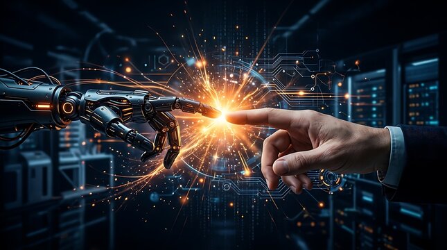 Robotic hand and human finger touching creating bright digital spark energy