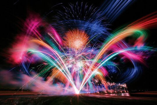 Mass firework finale with vivid magenta and amber bursts over a riverside launch site, featuring glowing smoke and light ribbons for event promotion
