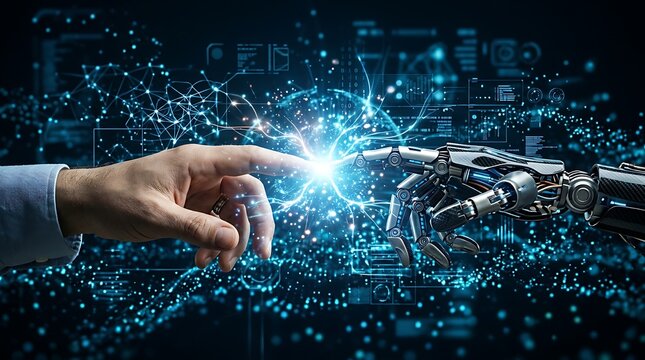 Human finger touches robotic hand with bright glowing blue sparks