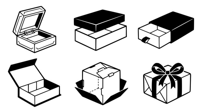 Collection of premium gift boxes and open packaging containers with ribbons and hinges in black and white vector style for retail and luxury product presentation design assets on white