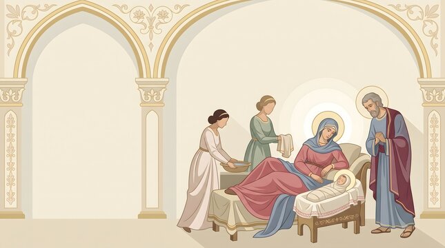 Nativity of virgin Mary with Saint Anne and Joachim in ornate arch background for Christian celebration design.