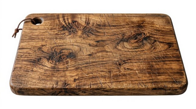 Rustic wooden cutting board isolated on white background for food preparation and serving