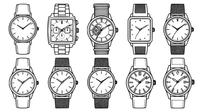 Set of classic and modern wristwatch silhouettes featuring various dial types and straps isolated on white background for fashion apparel or luxury lifestyle graphic design assets and elements