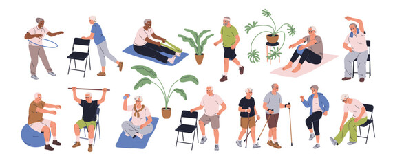 Fototapeta na wymiar Active senior people do sport exercises set. Healthy elderly men and women during workout, fitness training. Old-aged characters walking, jogging. Flat vector illustration isolated on white background