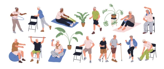 Active senior people do sport exercises set. Healthy elderly men and women during workout, fitness training. Old-aged characters walking, jogging. Flat vector illustration isolated on white background © Good Studio