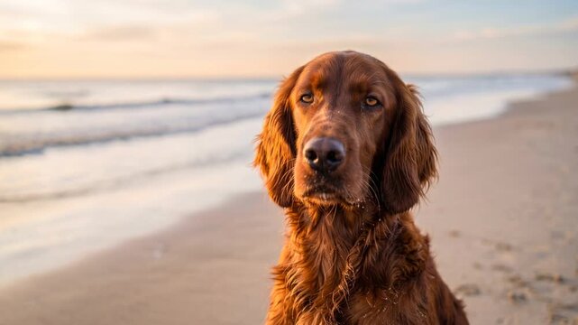irish setter close up at the beach at morning light in cliffs of moher ireland video